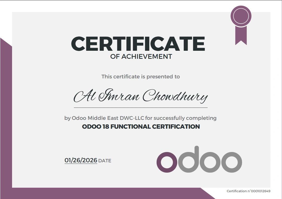 Odoo 18 certification for MD. Al Imran Chowdhury