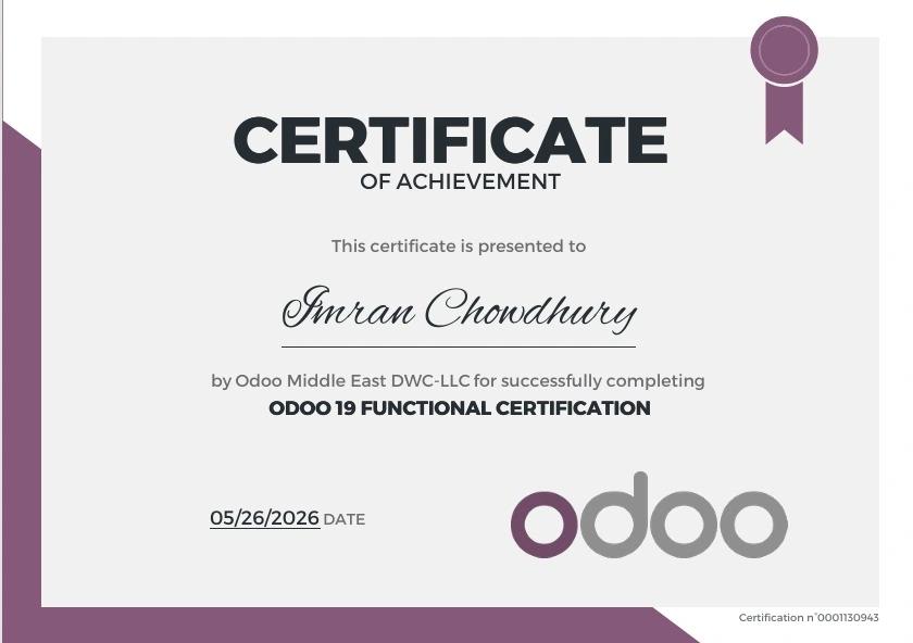 Odoo 19 certification for MD. Al Imran Chowdhury